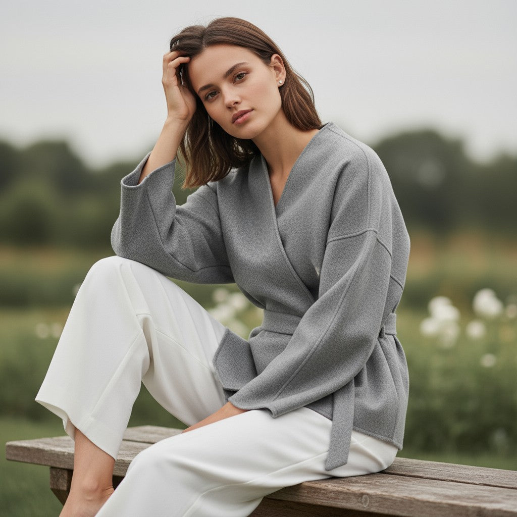 Collarless wrap jacket in a felted cloth with wide sleeves and a tie belt