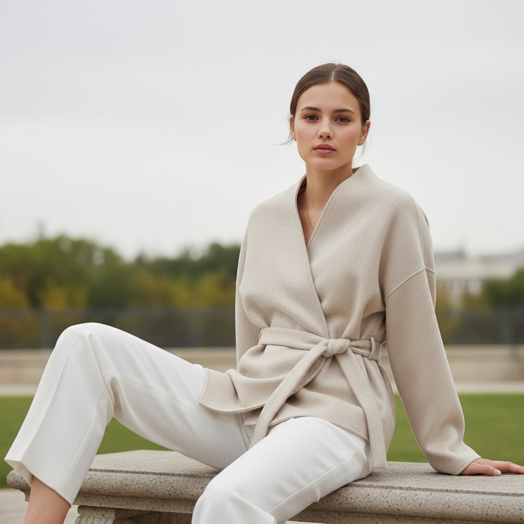 Collarless wrap jacket in a felted cloth with wide sleeves and a tie belt