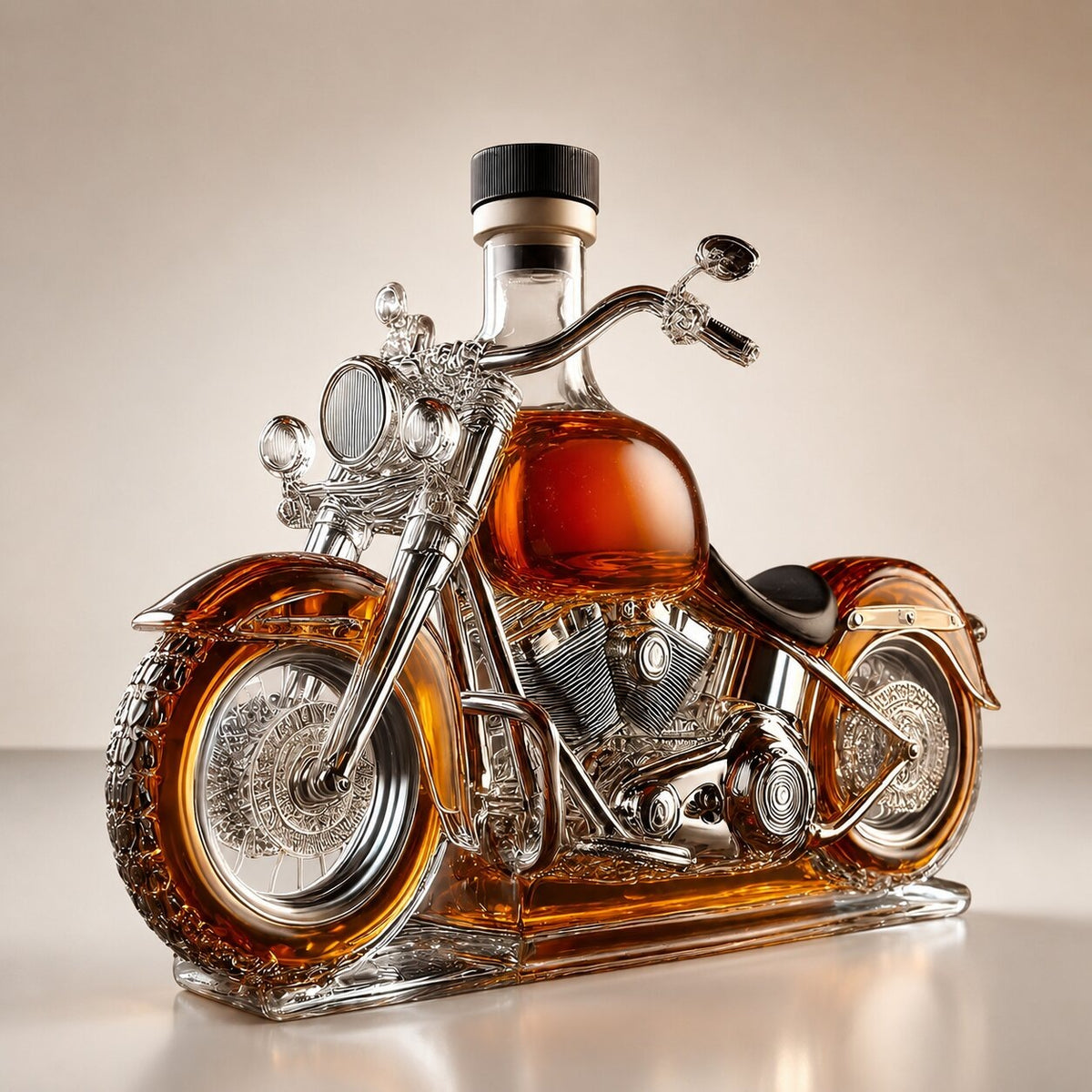 Glass whisky decanter shaped like a motorbike with silver-tone handlebars