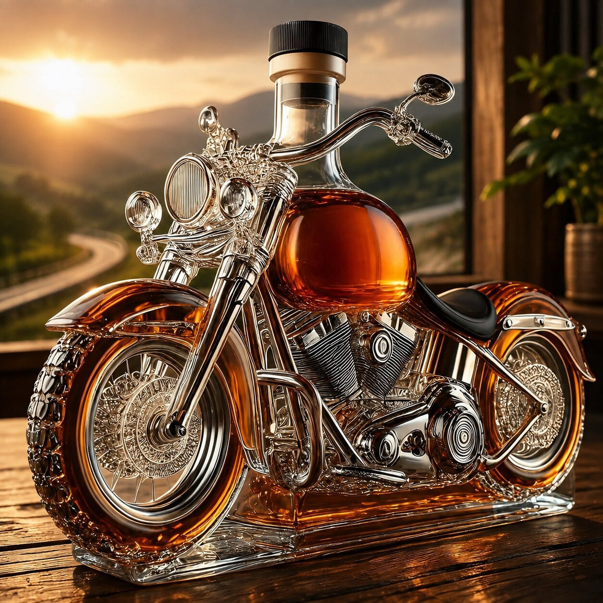 Glass whisky decanter shaped like a motorbike with silver-tone handlebars - view 2