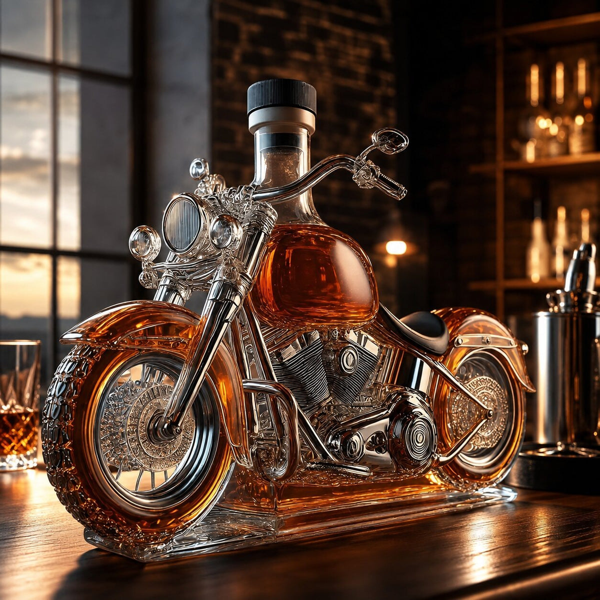 Glass whisky decanter shaped like a motorbike with silver-tone handlebars - view 3
