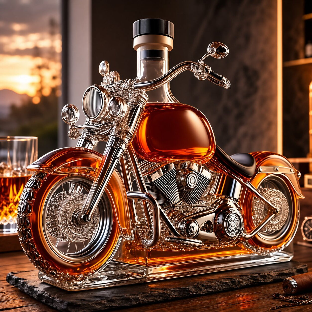 Glass whisky decanter shaped like a motorbike with silver-tone handlebars - view 4