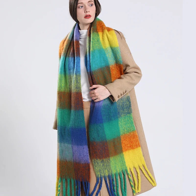 Women's thick multicolour check scarf with chunky fringe