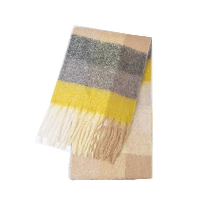 Women's thick multicolour check scarf with chunky fringe - yellow/grey