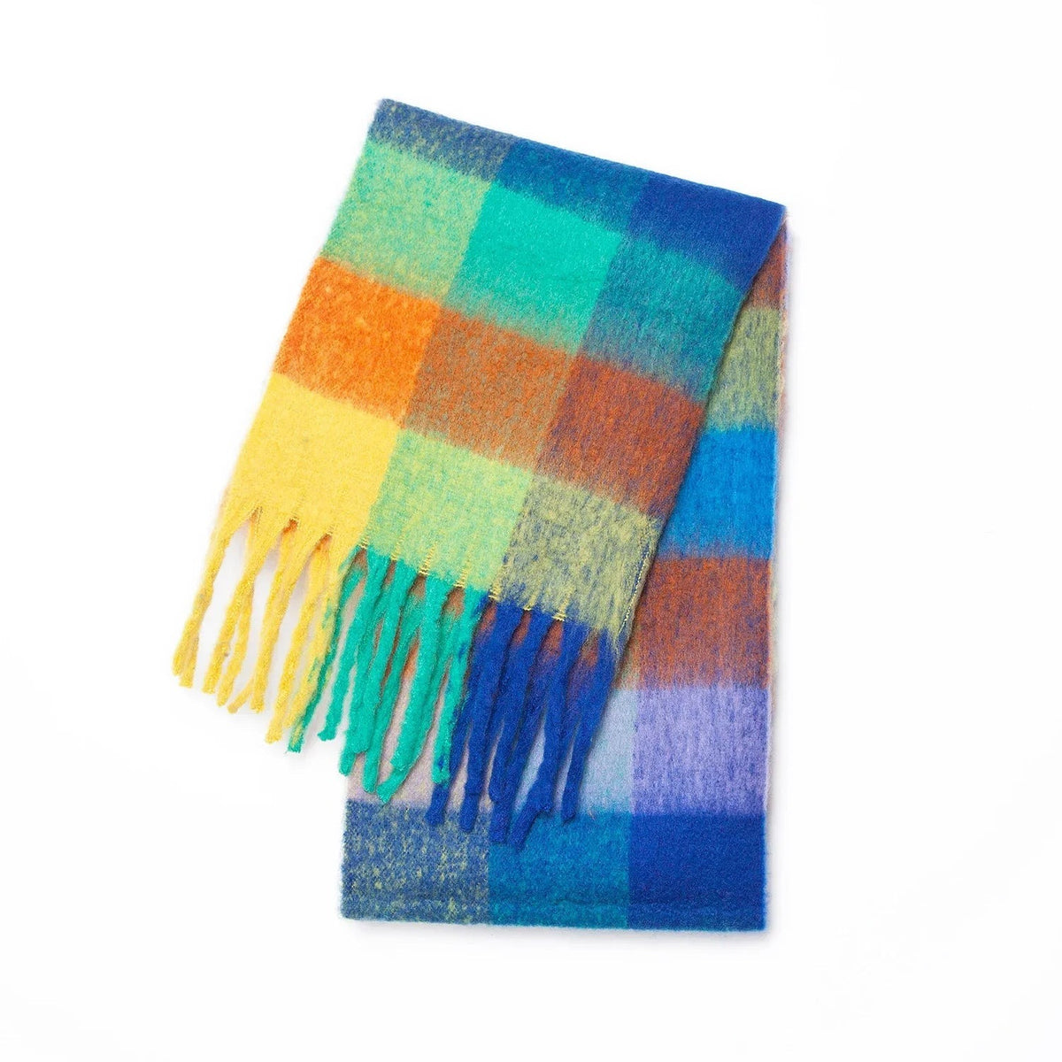 Women's thick multicolour check scarf with chunky fringe - rainbow