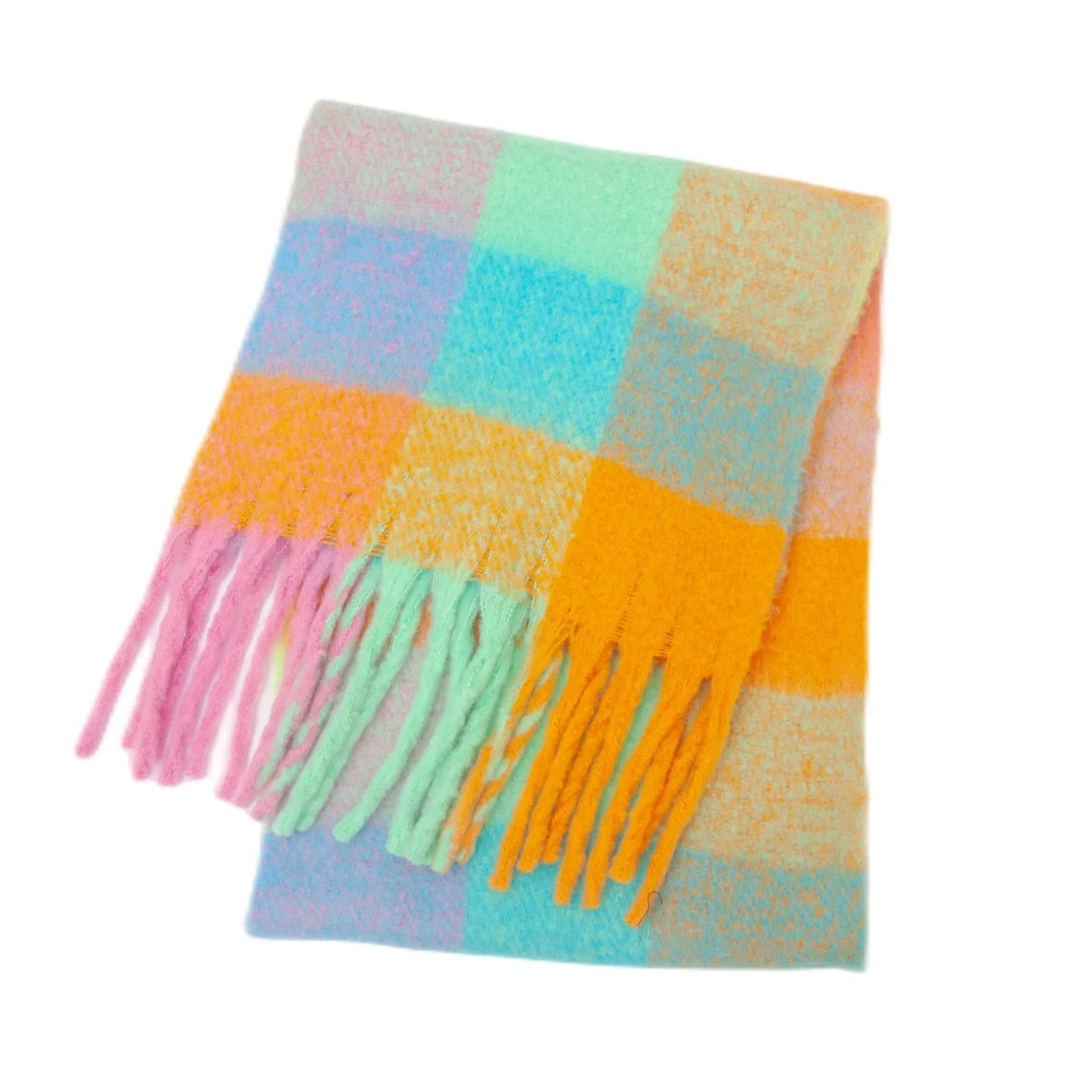 Women's thick multicolour check scarf with chunky fringe - pastel