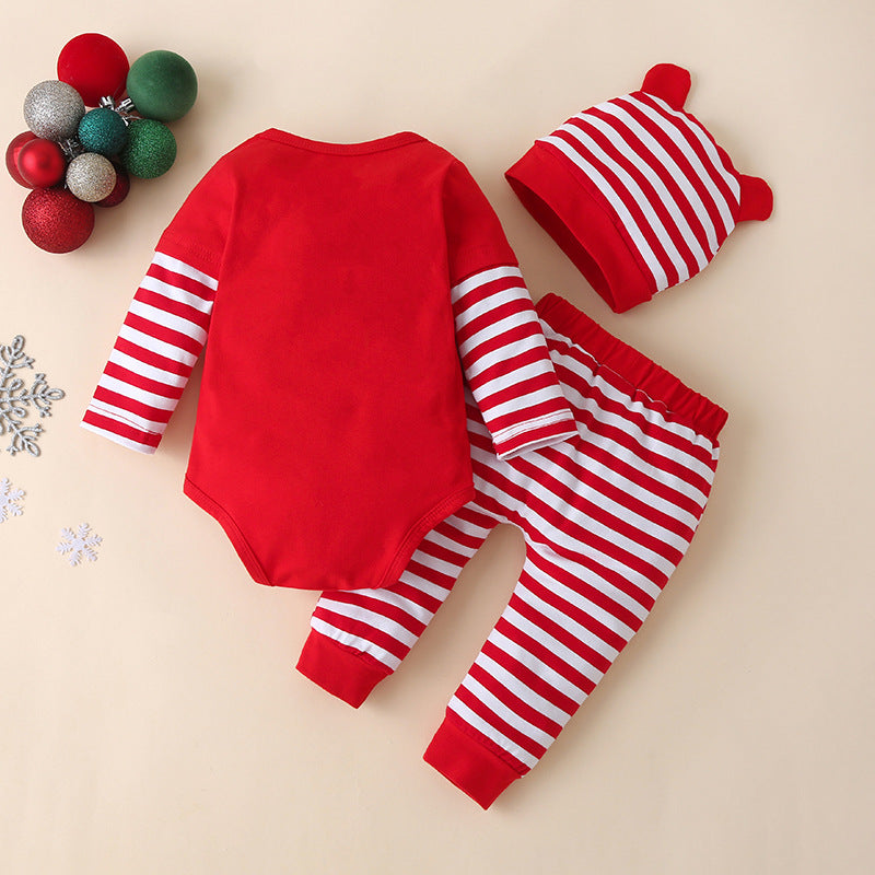 Baby outfit with red My first Christmas bodysuit, striped trousers and hat