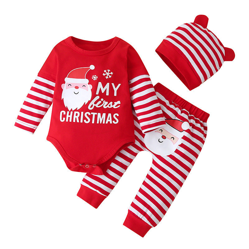 Baby outfit with red My first Christmas bodysuit, striped trousers and hat