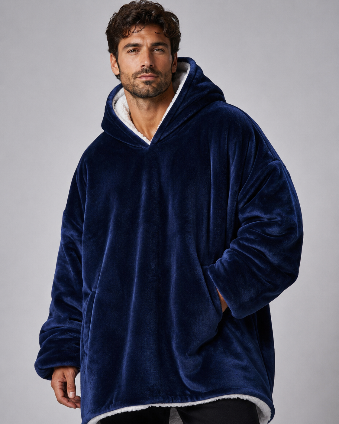 Oversized navy blue blanket hoodie with a sherpa-lined hood