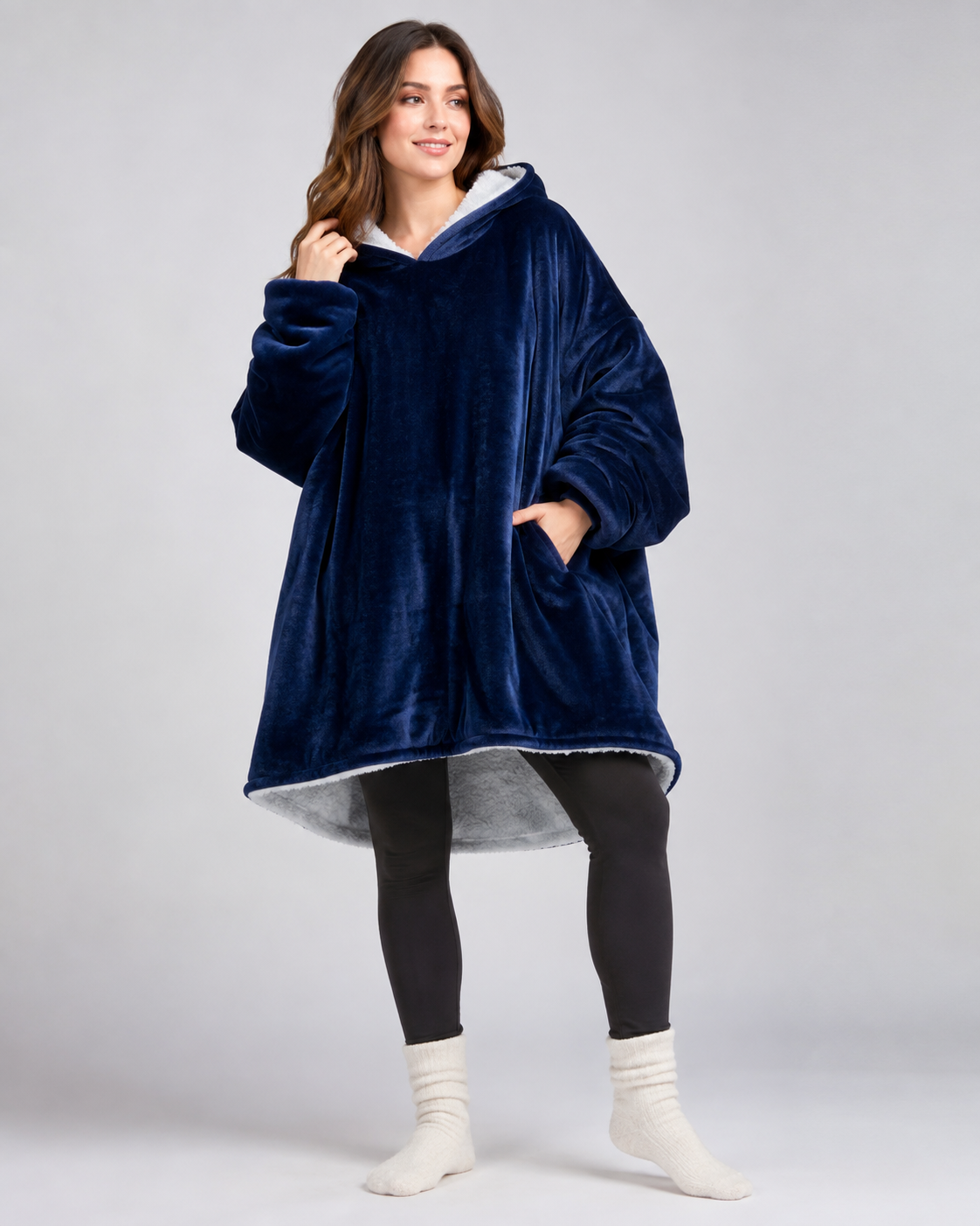 Oversized navy blue blanket hoodie with a sherpa-lined hood