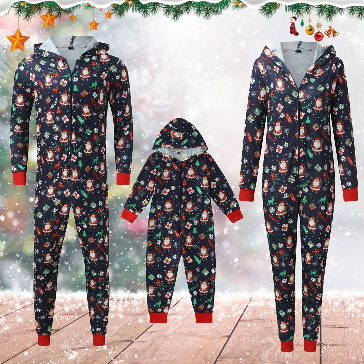 Navy family Christmas onesie with a zip front and a hood - navy father christmas