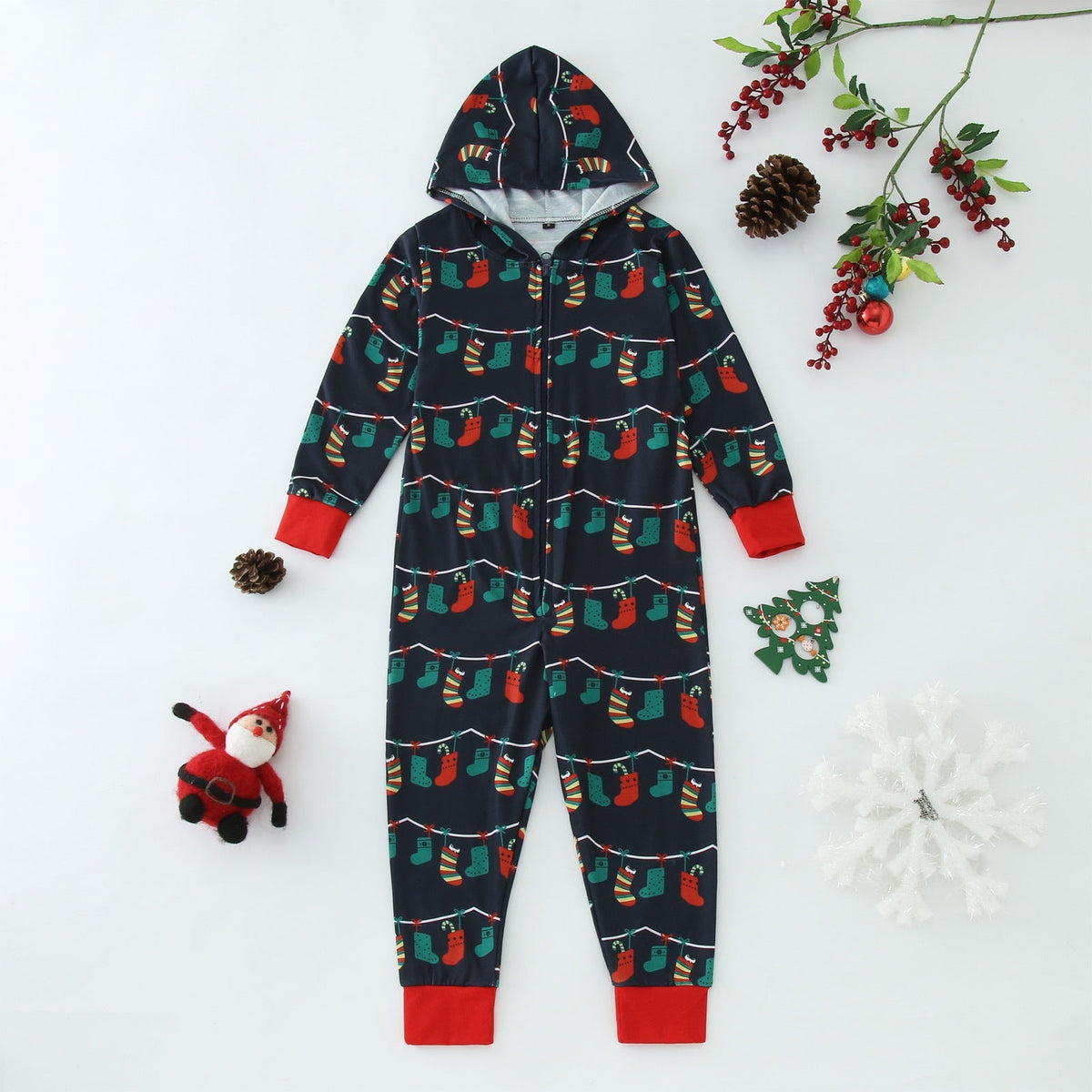 Navy family Christmas onesie with a zip front and a hood