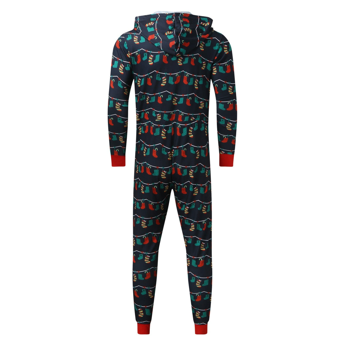 Navy family Christmas onesie with a zip front and a hood