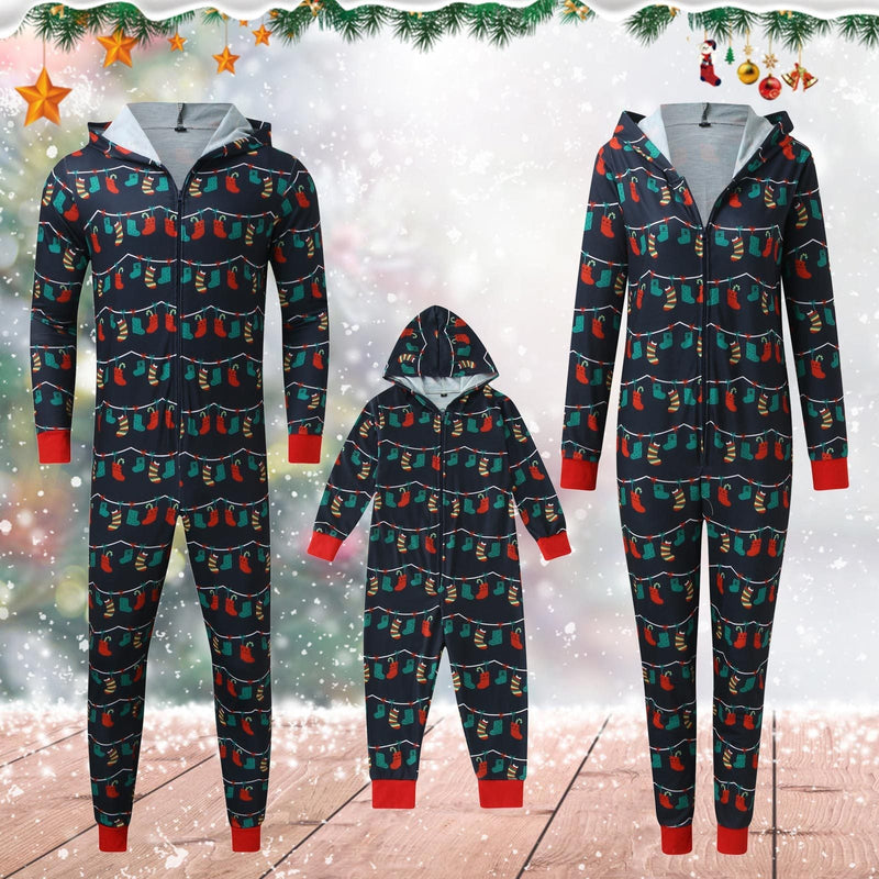 Navy family Christmas onesie with a zip front and a hood - navy stocking garland