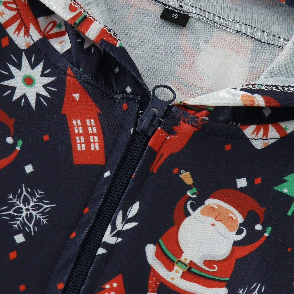 Navy family Christmas onesie with a zip front and a hood