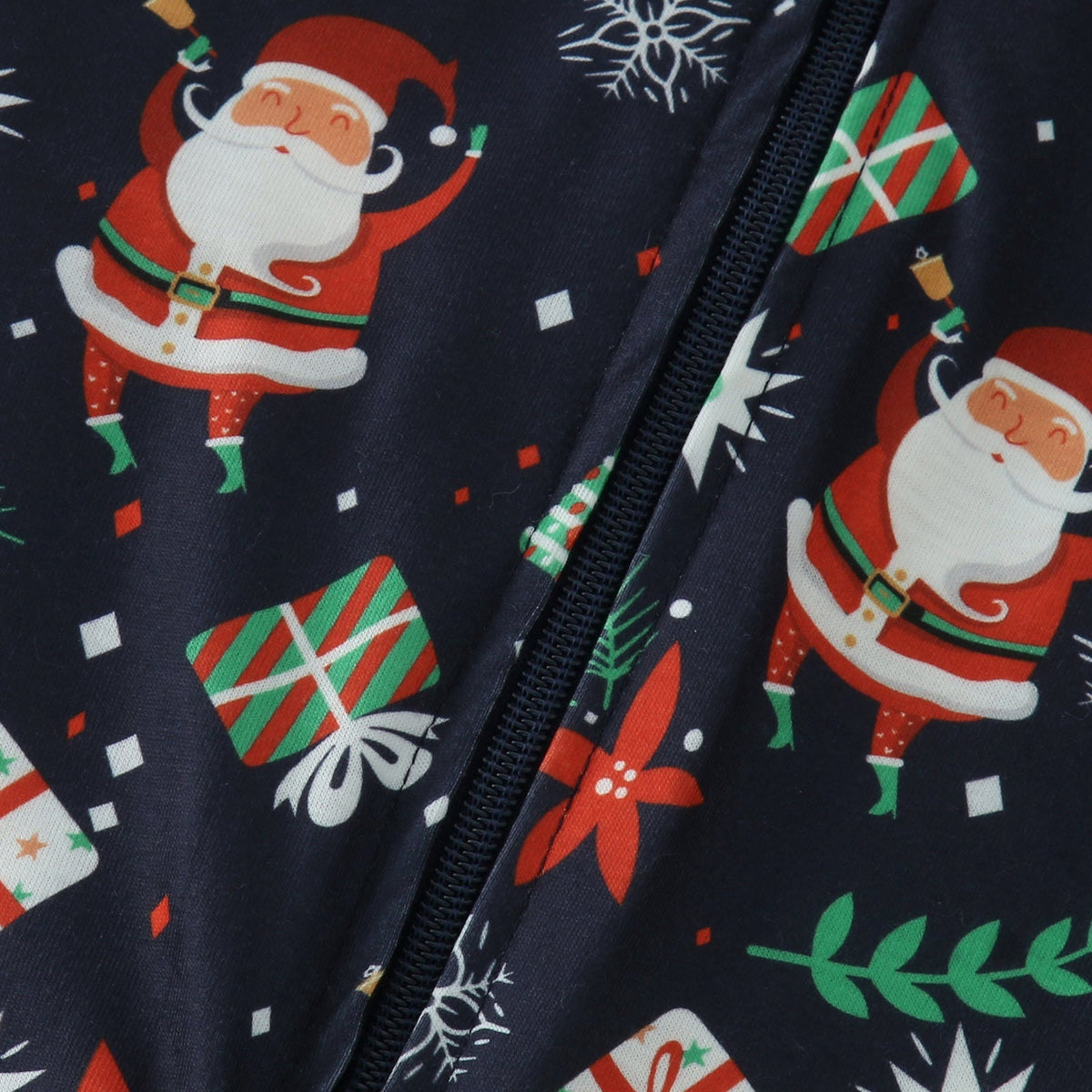 Navy family Christmas onesie with a zip front and a hood