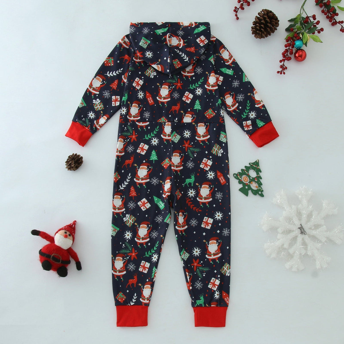 Navy family Christmas onesie with a zip front and a hood