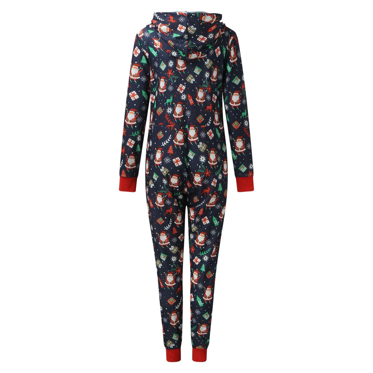 Navy family Christmas onesie with a zip front and a hood