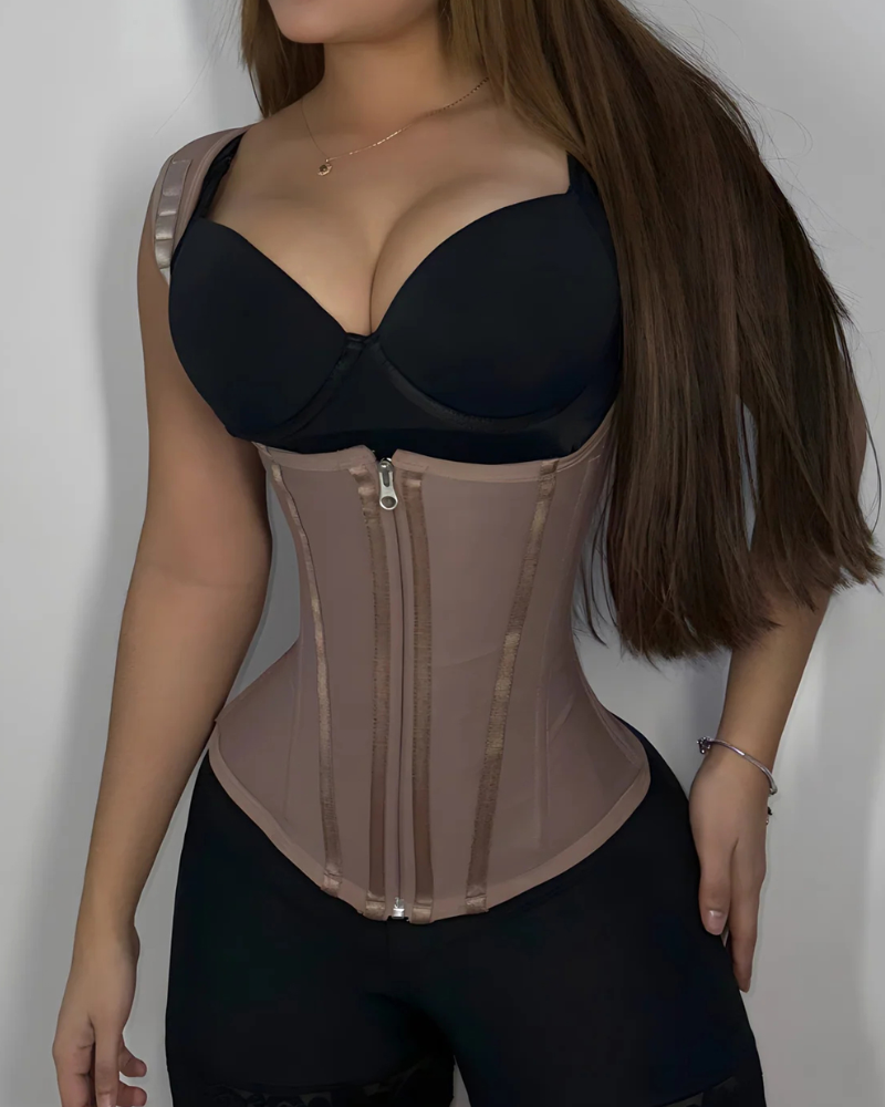 Open-bust corset vest with wide shoulder straps and zip front