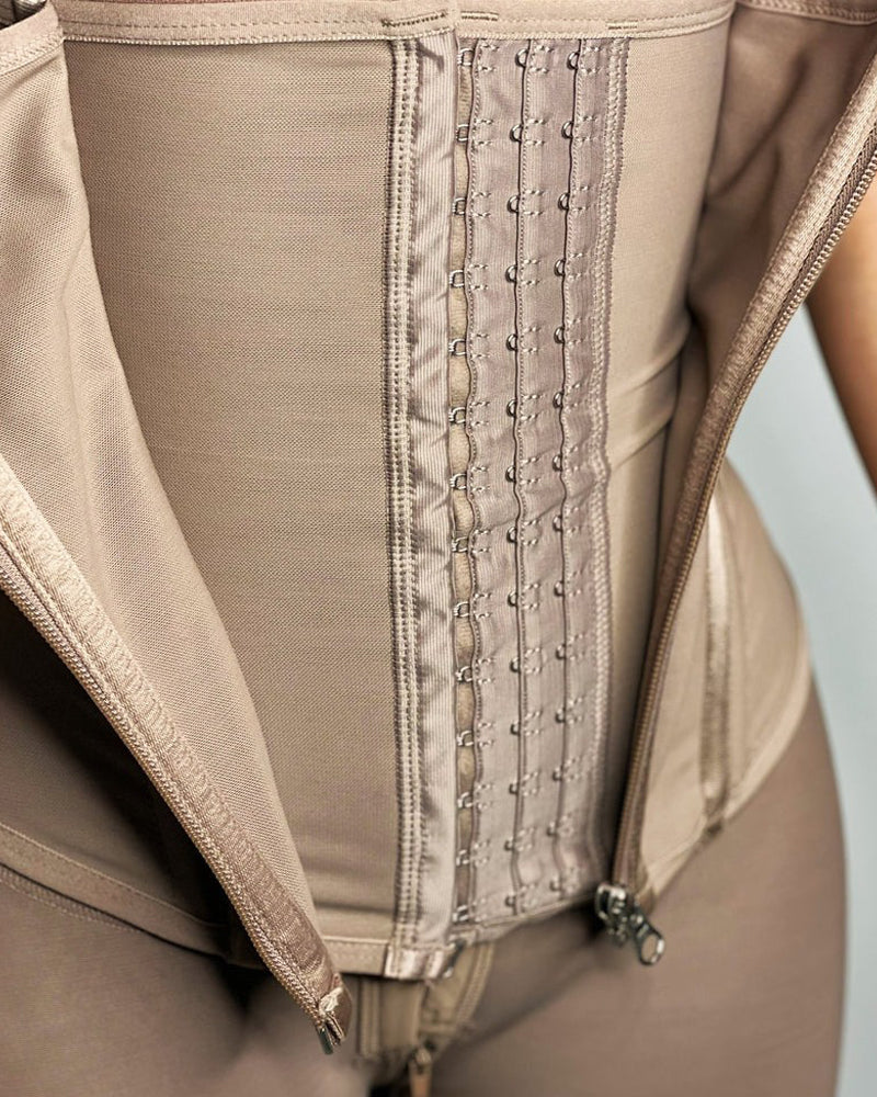 Open-bust corset vest with wide shoulder straps and zip front