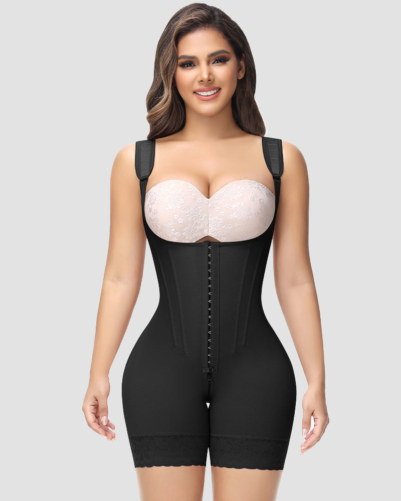 Open-bust shapewear bodysuit with boning and mid-thigh legs - black