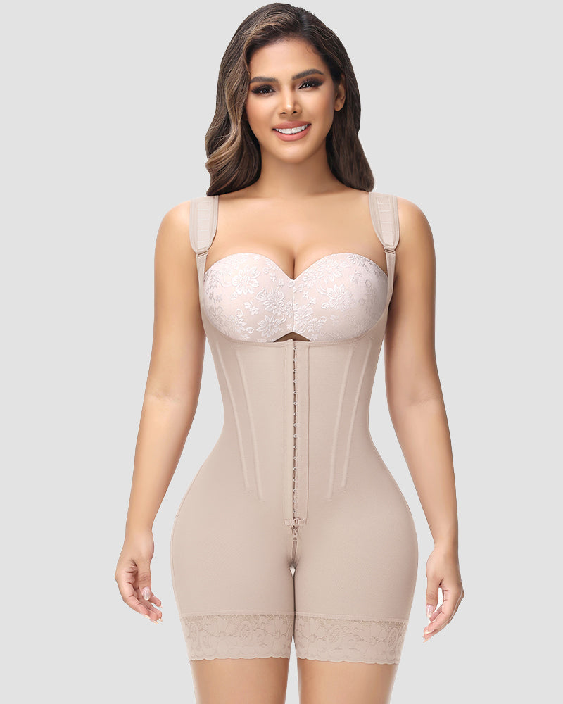 Open-bust shapewear bodysuit with boning and mid-thigh legs - nude