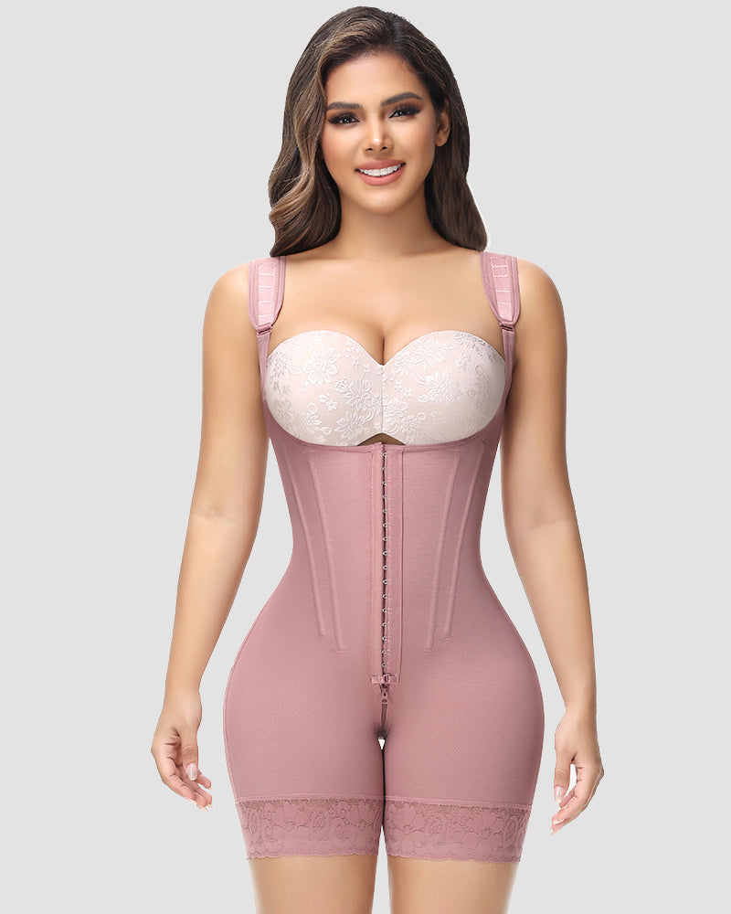 Open-bust shapewear bodysuit with boning and mid-thigh legs - dusty rose