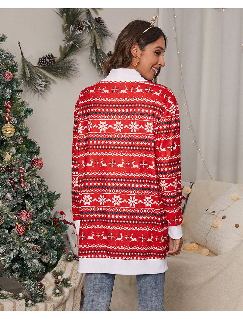 Women's longline open Christmas cardigan with reindeer and a white trim
