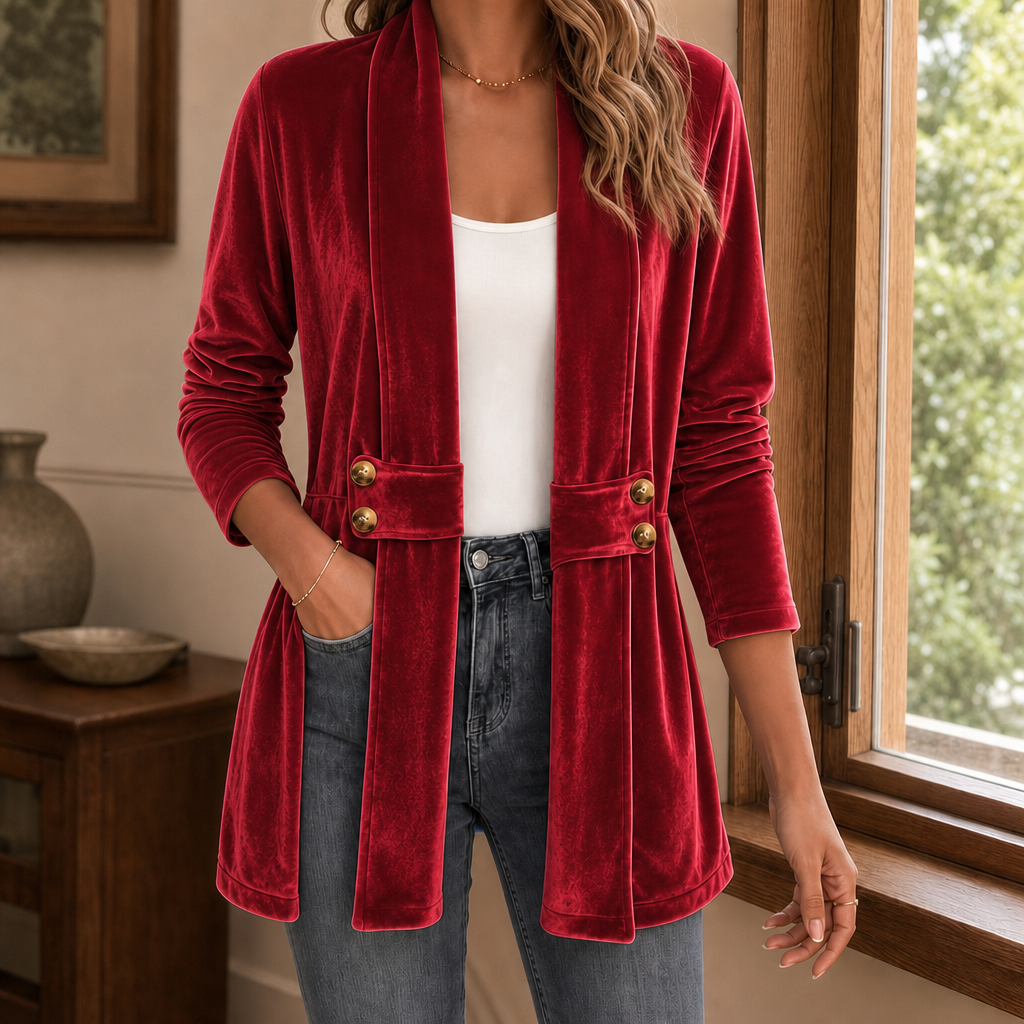 Women's open front velvet cardigan with a shawl collar and button tabs at the waist - deep red