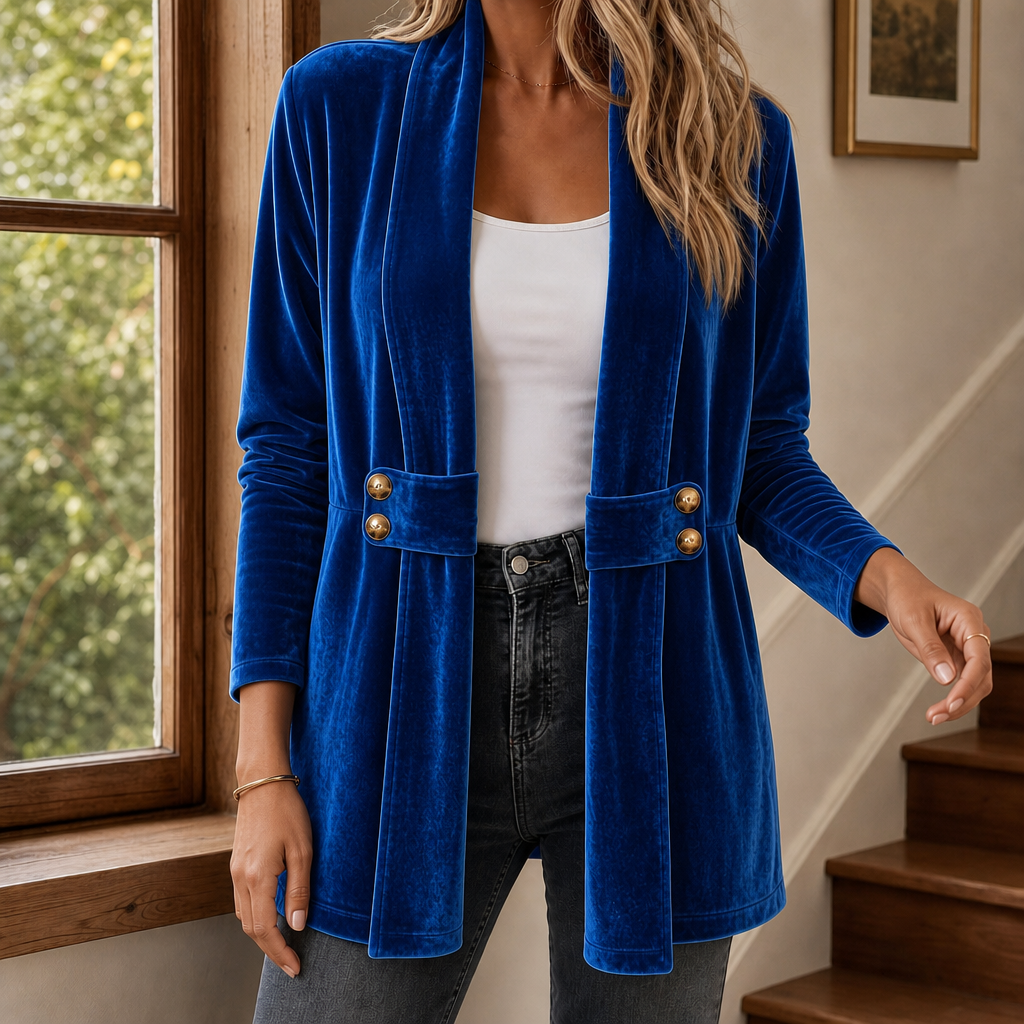 Women's open front velvet cardigan with a shawl collar and button tabs at the waist