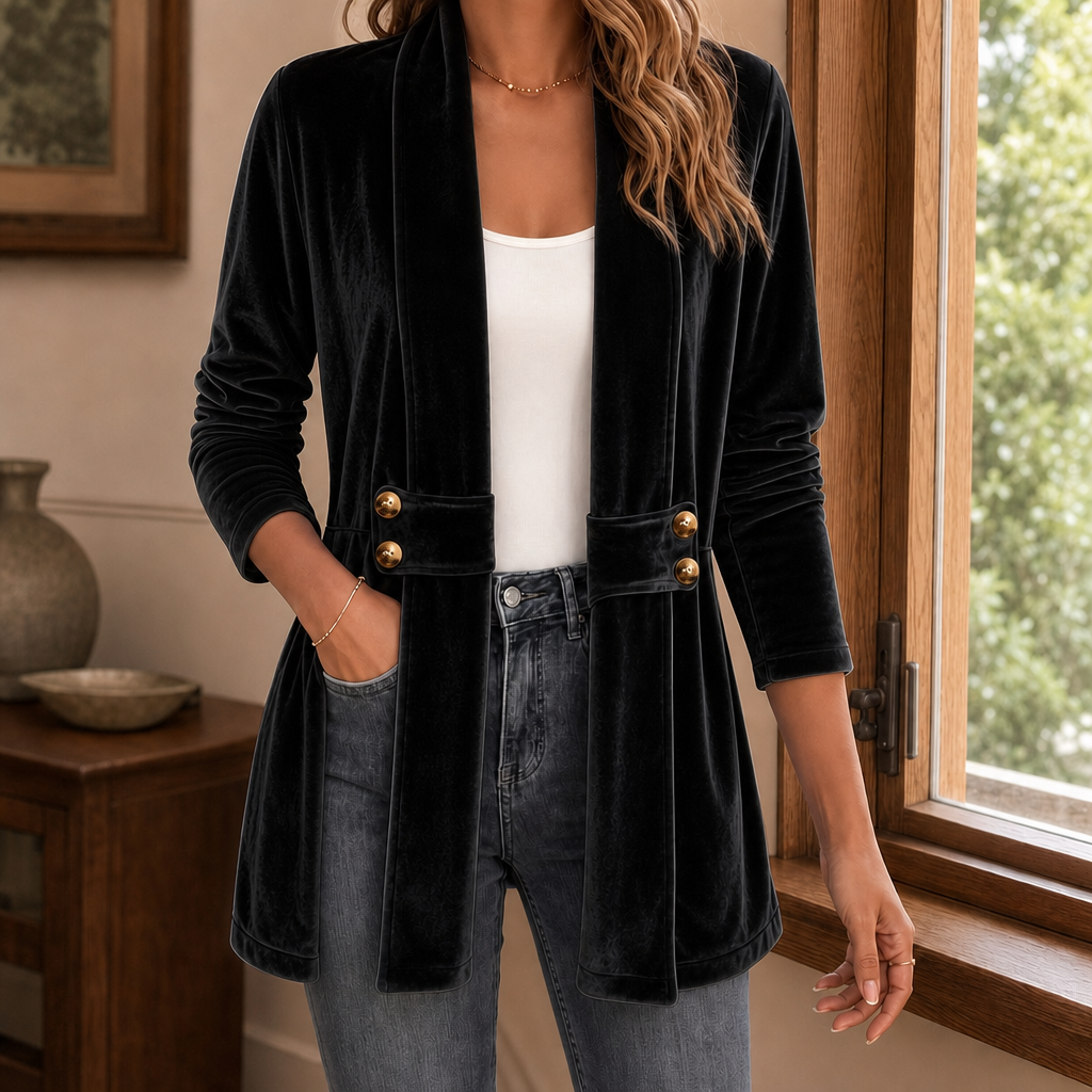 Women's open front velvet cardigan with a shawl collar and button tabs at the waist - black
