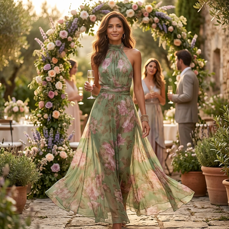Women's sage floral halter maxi dress - detail