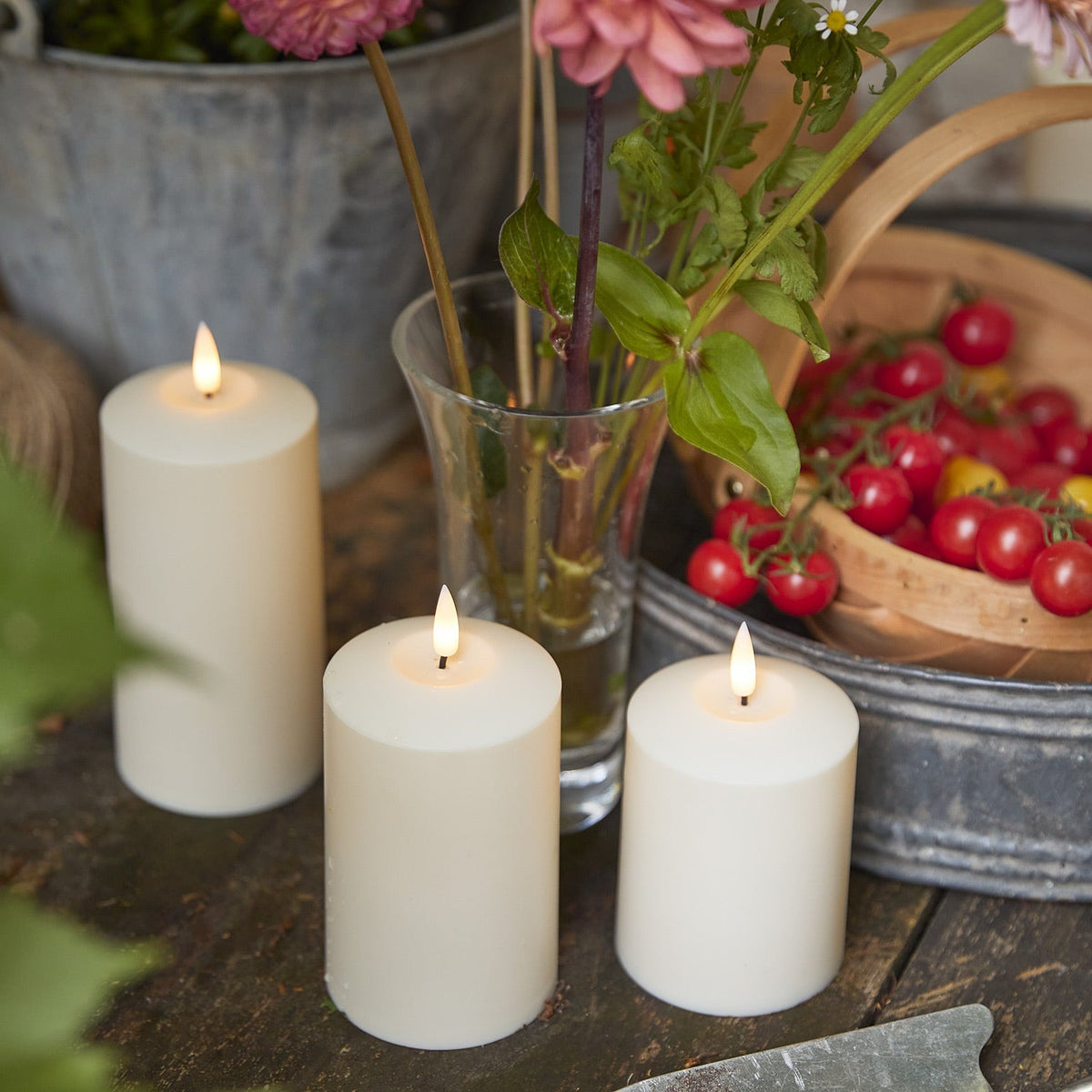 Three ivory outdoor LED candles with a flickering flame and timer - view 5