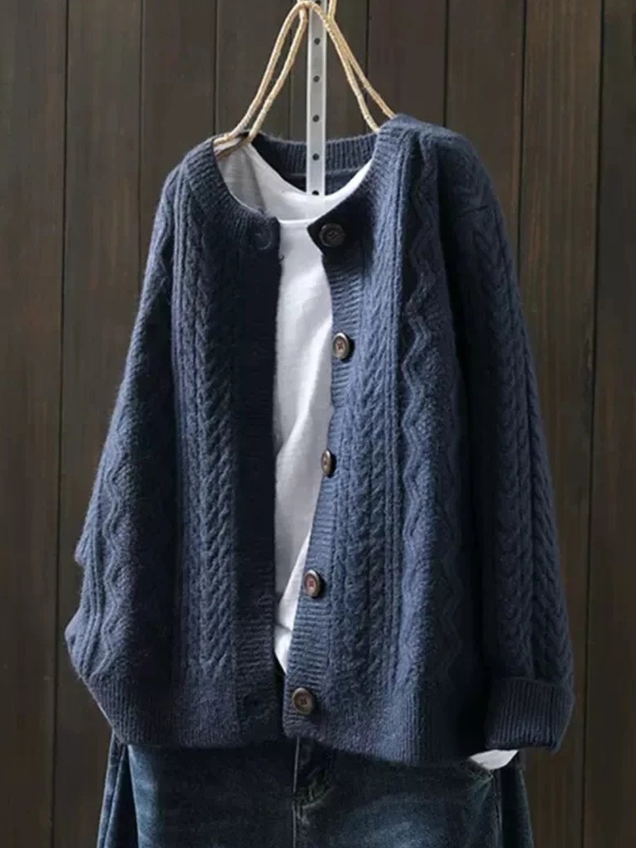 Women's oversized cable knit cardigan with a crew neck and button front - dark blue