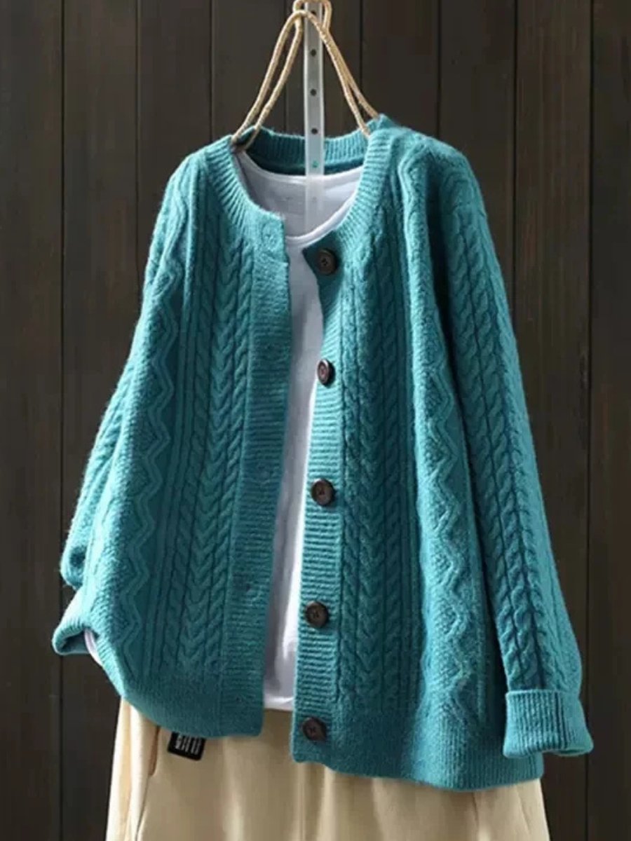 Women's oversized cable knit cardigan with a crew neck and button front - teal
