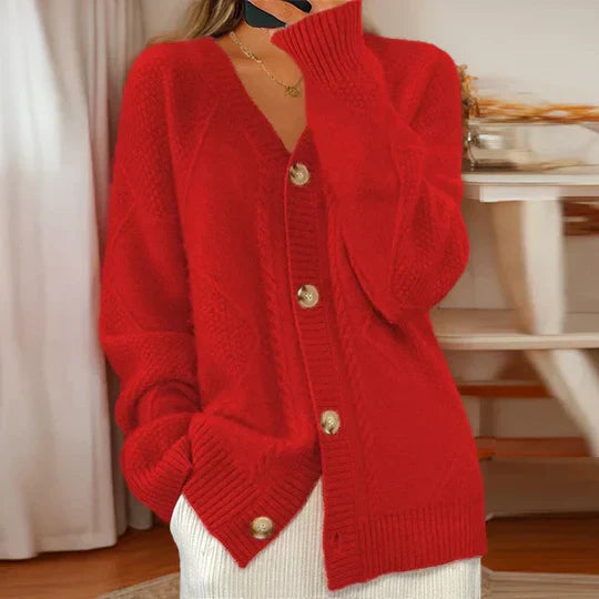 Women's oversized cable knit cardigan with a V-neck and large buttons - red