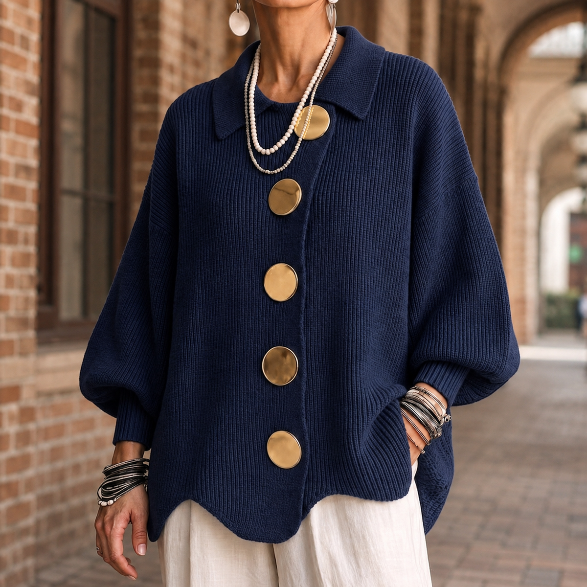 Women's oversized ribbed cardigan with a collar and large gold-tone buttons - navy