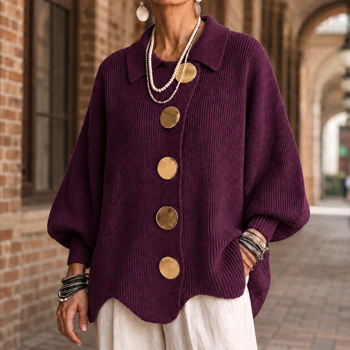 Women's oversized ribbed cardigan with a collar and large gold-tone buttons - aubergine