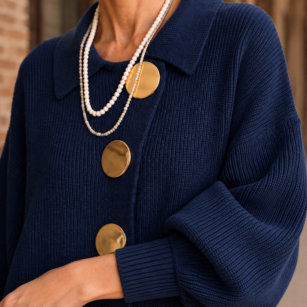 Women's oversized ribbed cardigan with a collar and large gold-tone buttons