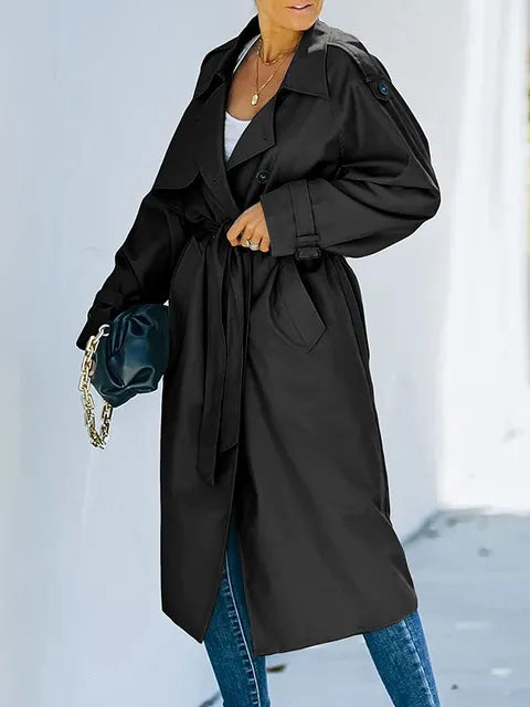Women's oversized double-breasted trench coat with a tie belt and epaulettes - black