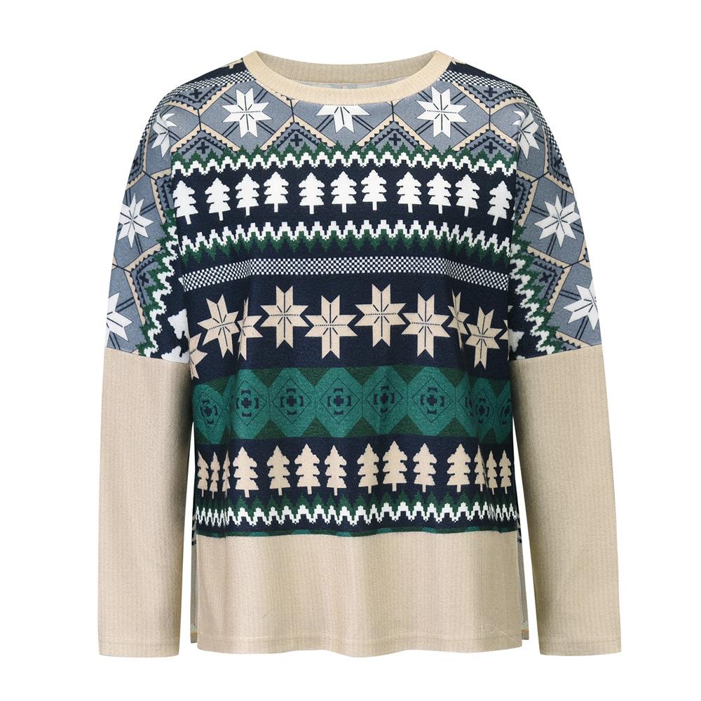 Women's oversized Fair Isle Christmas jumper with plain sleeves - beige snowflake