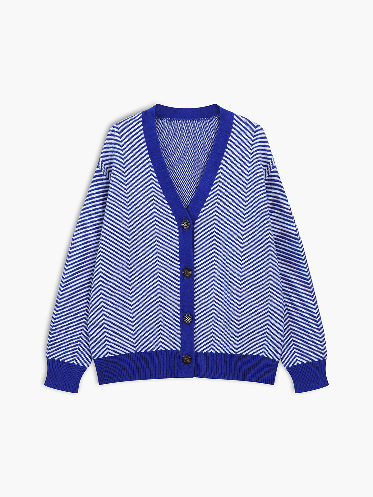 Women's oversized herringbone stripe cardigan with a V-neck and contrast trim - cobalt blue/white