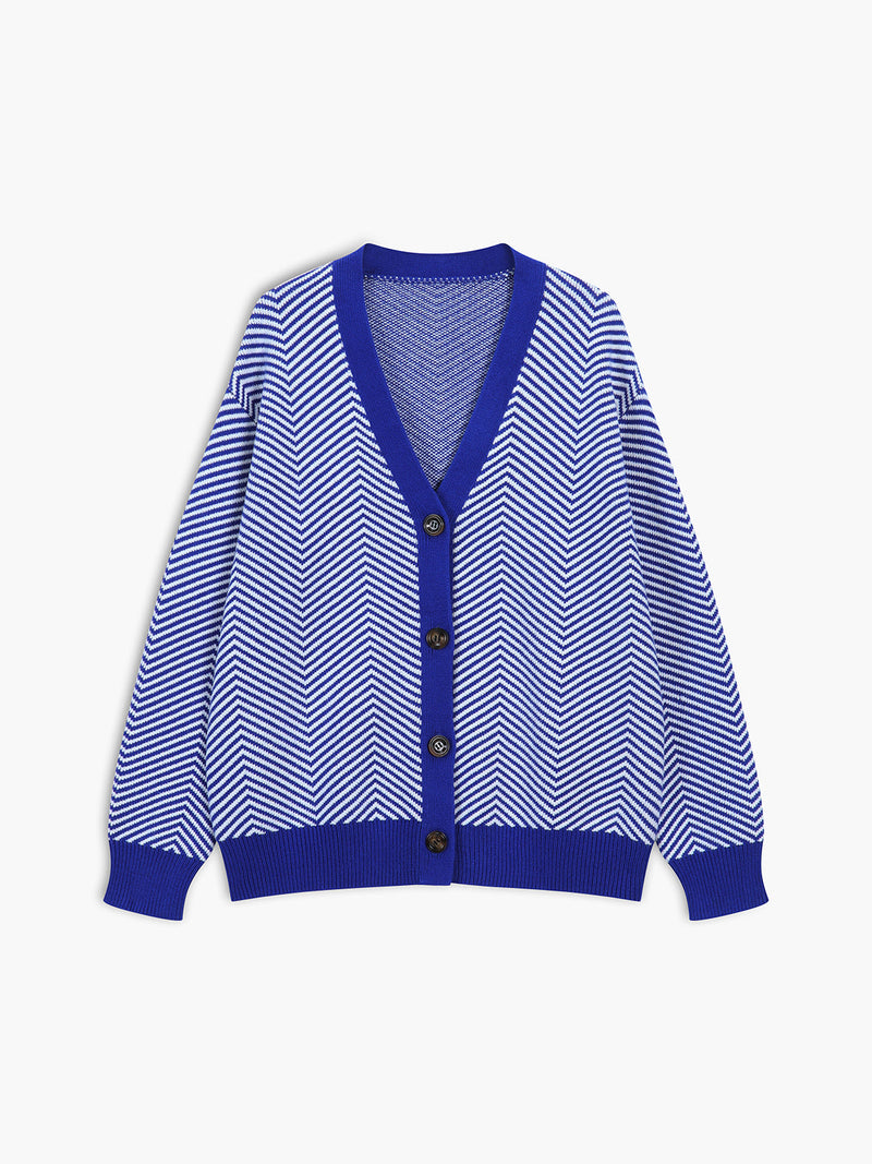 Women's oversized herringbone stripe cardigan with a V-neck and contrast trim - cobalt blue/white