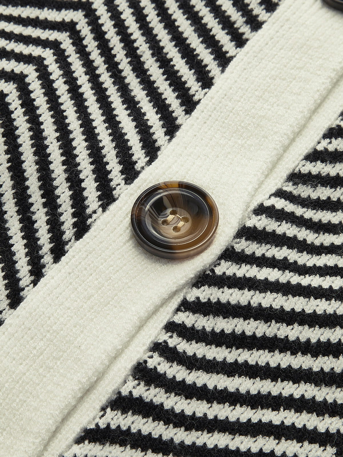 Women's oversized herringbone stripe cardigan with a V-neck and contrast trim