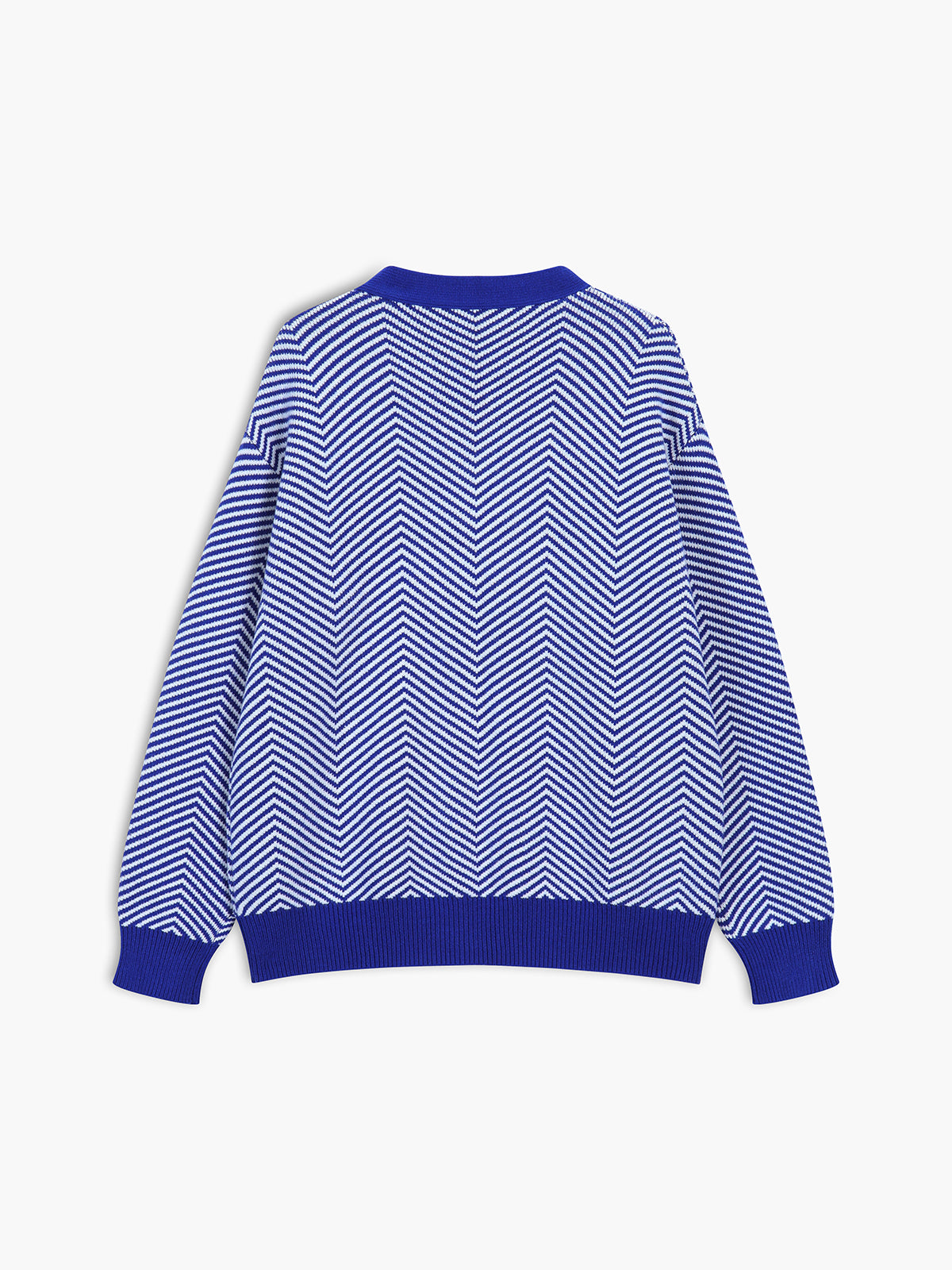 Women's oversized herringbone stripe cardigan with a V-neck and contrast trim