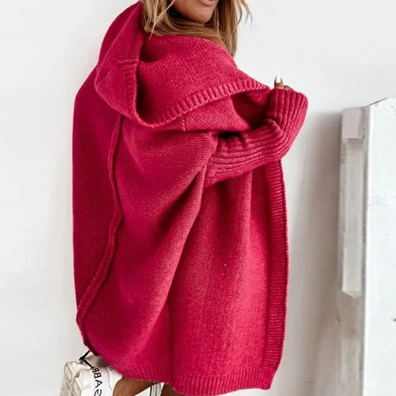 Women's oversized knit cardigan with a hood and batwing sleeves