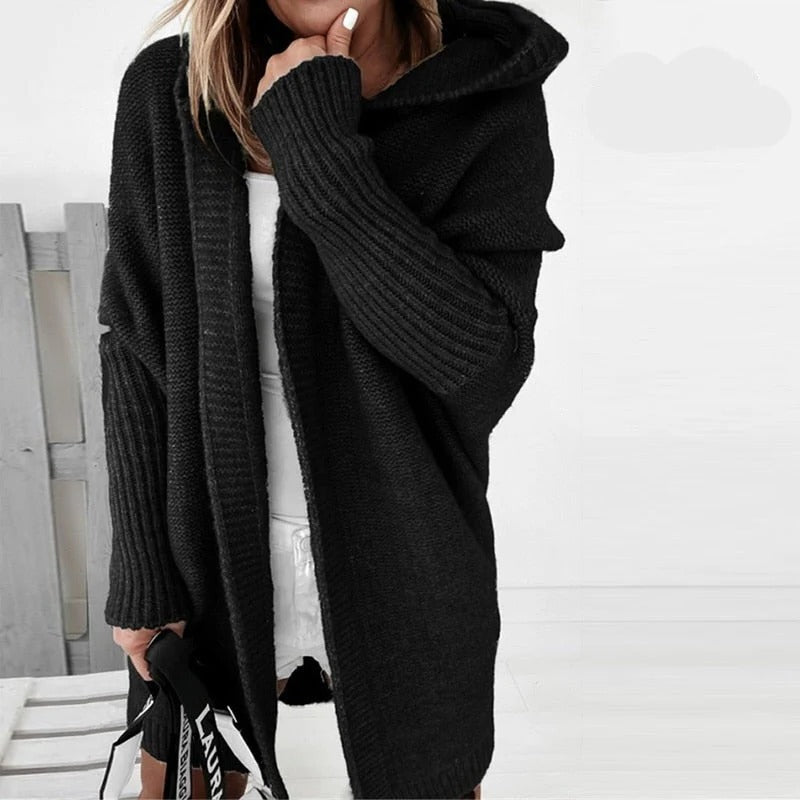 Women's oversized knit cardigan with a hood and batwing sleeves - black