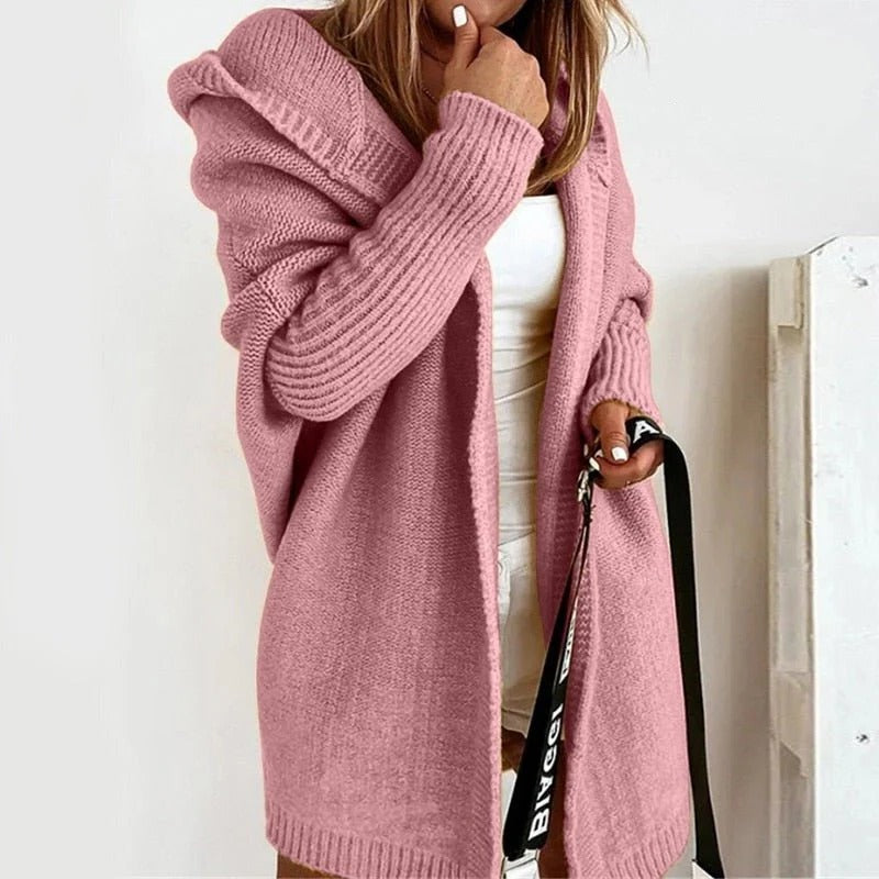 Women's oversized knit cardigan with a hood and batwing sleeves - dusty pink