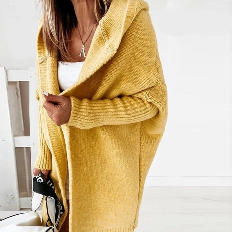 Women's oversized knit cardigan with a hood and batwing sleeves - mustard