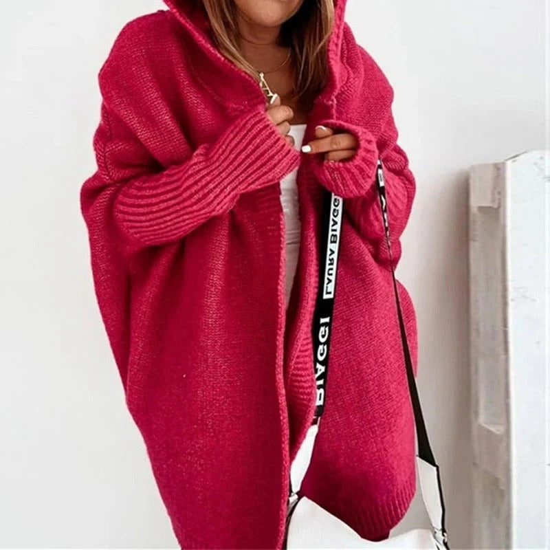 Women's oversized knit cardigan with a hood and batwing sleeves - raspberry
